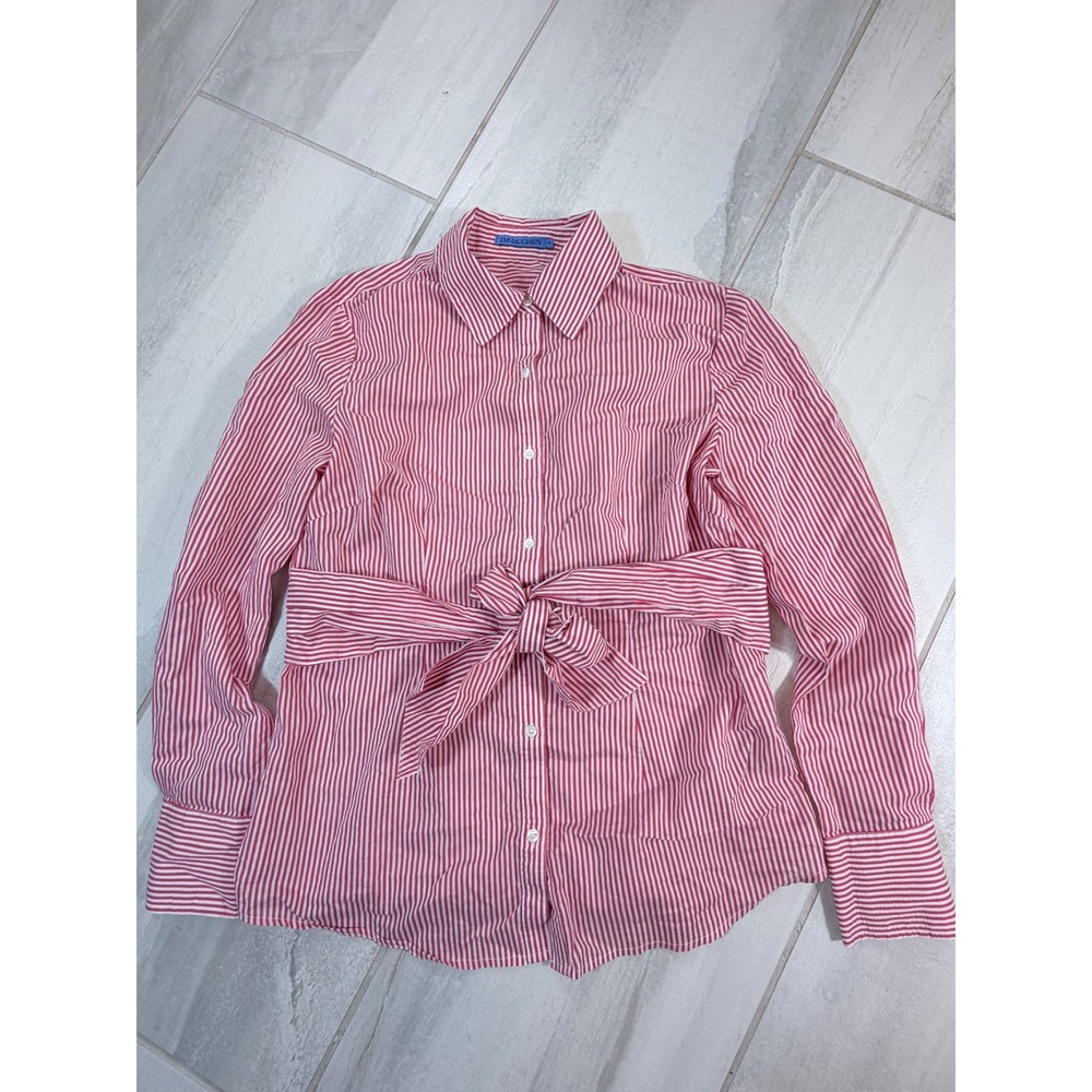 J.McLaughlin Red White Striped Tie Waist Button Down Shirt Blouse Medium